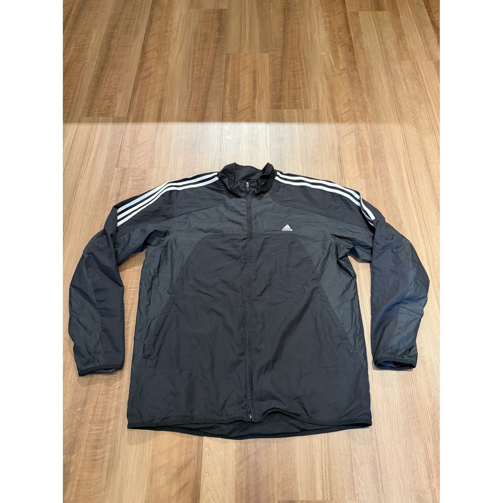Adidas Windbreaker Jacket Mens XL Black 3-Stripe Full Zip Mesh Lined
